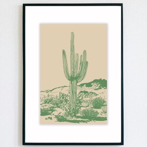 Desert Cactus Line Drawing Print Bold Green Minimalist Wall Art Western Abstract Landscape Modern Ranch Cowboy Decor Texas Bar Cart Artwork