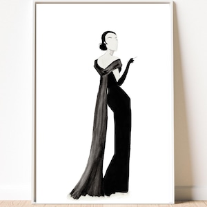 Elegancka sztuka ścienna w stylu vintage z lat 50. XX wieku, ilustracja mody, wystrój w stylu Mid Century Modern, kobieta paląca, czarno-biały, akwarela, styl Art Deco
