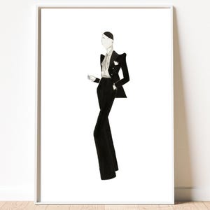 Elegancka ilustracja mody, akwarela, wydruk artystyczny, zabytkowy paryski styl ścienny, sztuka nowoczesna z połowy wieku, do wózka barowego, minimalistyczna kobieta w stylu art déco