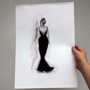 Oryginalna grafika Modny nadruk Czarny akwarela Modna ilustracja Glam Chic Koronkowa suknia Dekoracja ścienna Odważna kobieca Minimalistyczna Krągła kobieta