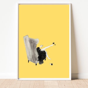 Geel champagne mode illustratie aquarel digitale kunst print chique vrouw vintage bar kar woondecoratie martini cocktail kleurrijke kunst