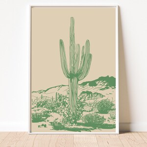 Desert Cactus Line Drawing Print Green Minimalist Wall Art Western Abstract Landscape Modern Californian Ranch Cowboy Decor Bar Cart Artwork