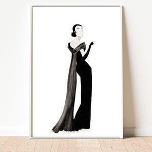 Elegant Vintage Wall Art 1950s Fashion Illustration Mid Century Modern Decor Woman Smoking Black and White Watercolour Print Art Deco Style