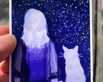 Meteor shower galaxy sticker | person and cat
