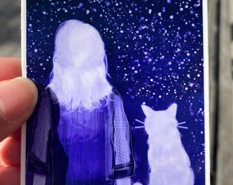 Meteor shower stargazing cat vinyl sticker