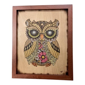 Hand-Burned Owl Art on Basswood | Framed Pyrography with Acrylic Accents & Pearl Button Eye