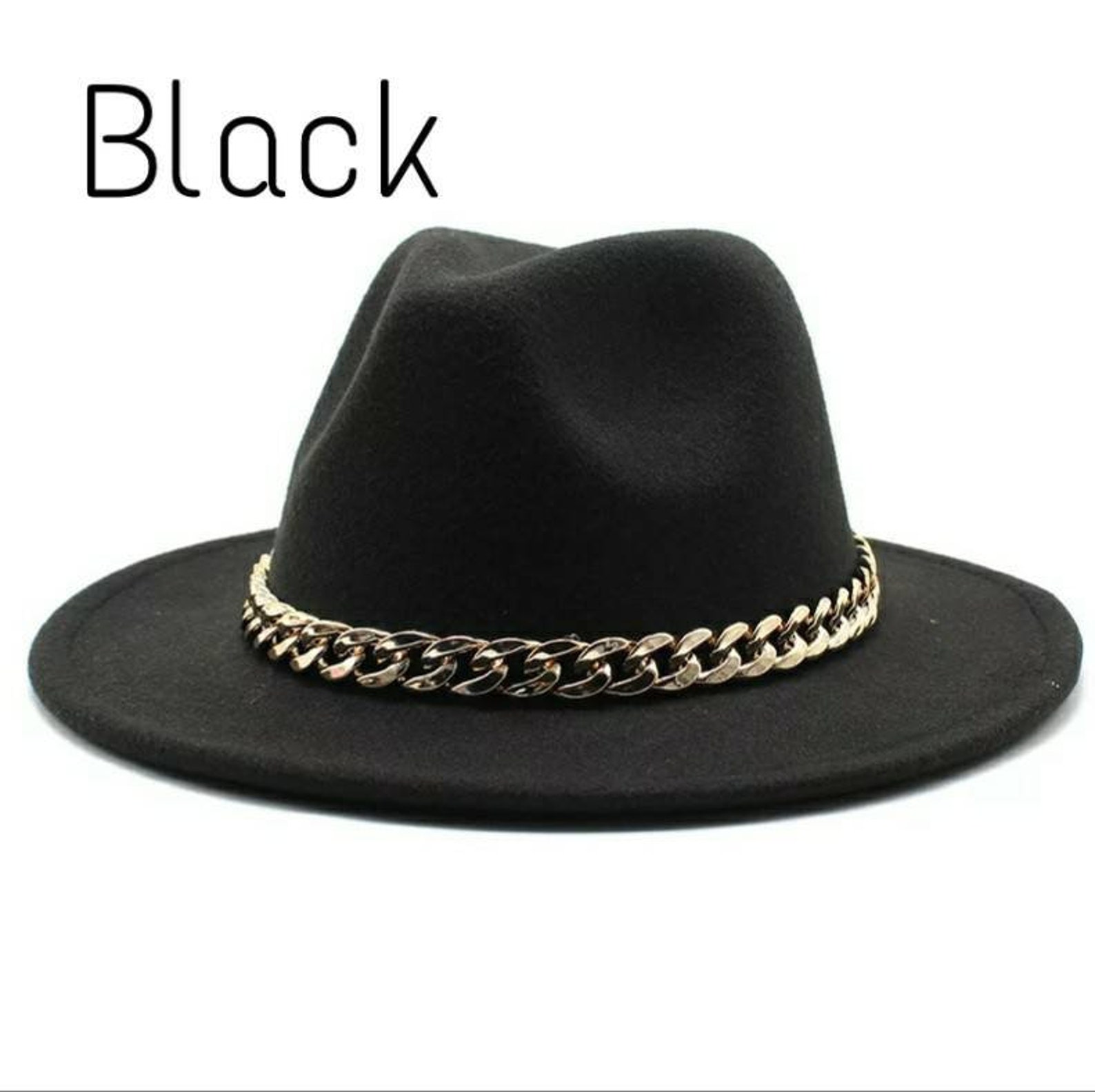Fedoras Men Women Fedora Hat with Big Chain Faux Woolem Brim Etsy