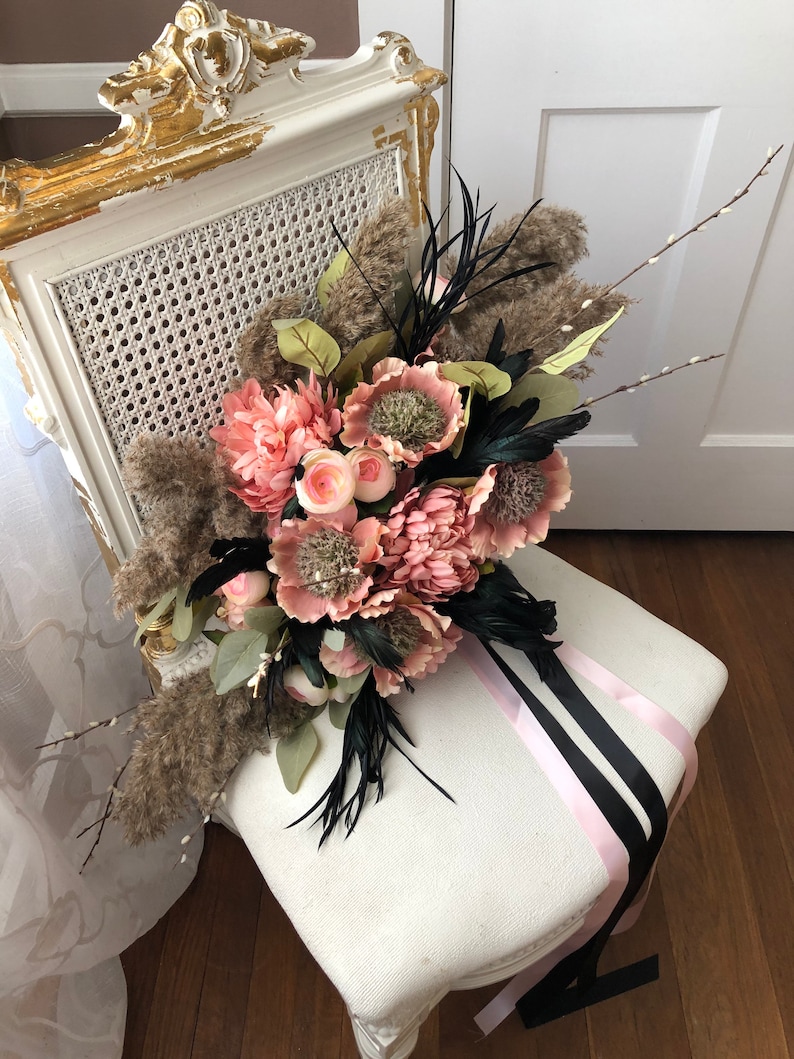 pink flowers gothic hand wrapped pampas grass nature black feathers pussy willow Willow Bridal Bouquet