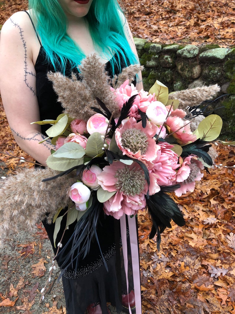 pink flowers gothic hand wrapped pampas grass nature black feathers pussy willow Willow Bridal Bouquet