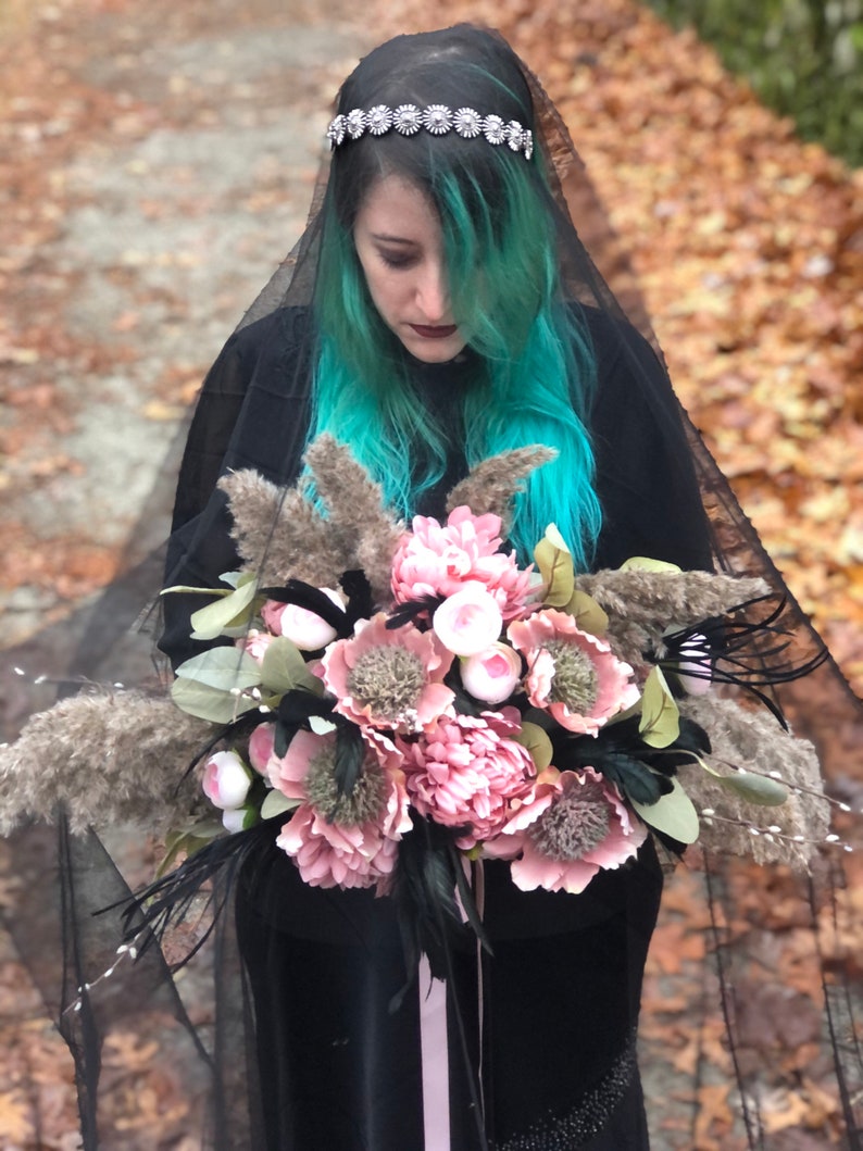 pink flowers gothic hand wrapped pampas grass nature black feathers pussy willow Willow Bridal Bouquet