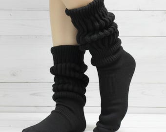 ULTIMATE super thick cotton BLACK  slouch socks for women and women, Hooter's style scrunchy socks, usa made quality socks
