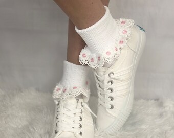 DAISY MAE  lace cuff socks - white Pink, quality USA  made lace cuff ankle socks  cute flower socks, cuff socks women, lacy hosiery,