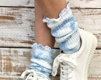 Lacy Mini cute scrunchy slouch tie dye chambray blue slouch socks  Made Usa, fashion socks, crew cute fun hippy fashion, women, trendy style