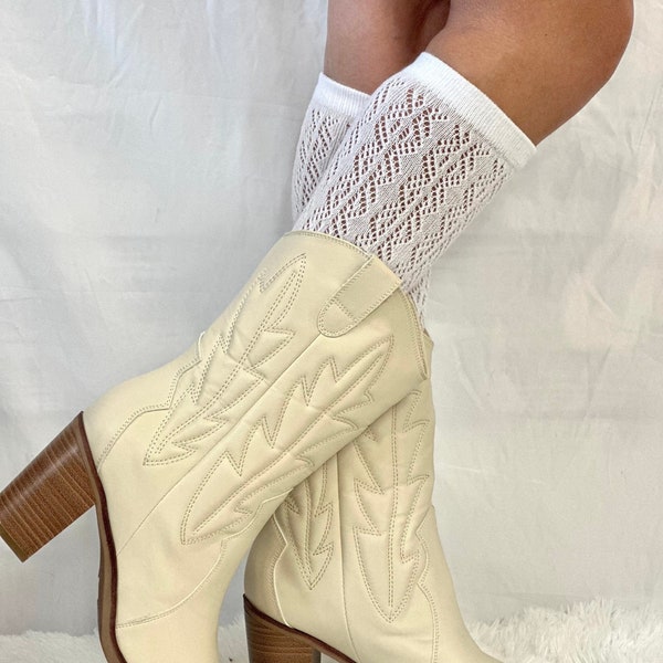 COWGIRL BOOT cute knee socks  -white, western wedding boot socks, country, girly cowboy boot hosiery, fall trendy socks