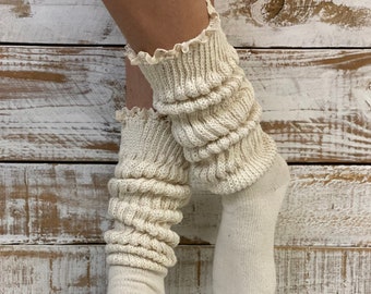 Super thick beige cotton lace HOOTER'S slouch socks women , made in USA, 90's style slouchy socks, thick quality socks with lace cute fun