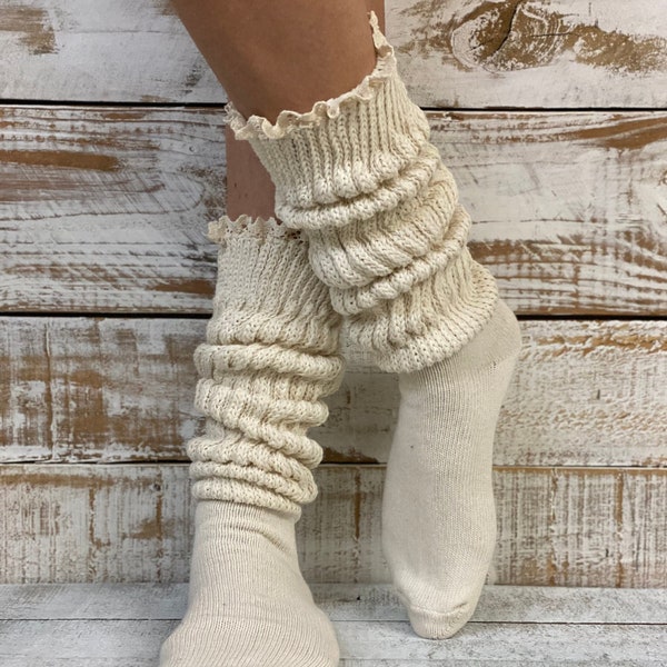 comfortable  beige cotton lace Ultimate slouch socks women , made USA, 80's 90's utmost quality  socks, exclusive design