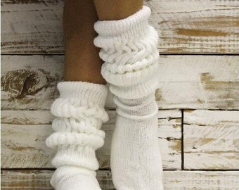 LARGER quality USA knitted 10-13 size adult  super thick WHITE cotton slouch socks Hooter's style scrunchy, fun cute hosiery, quality