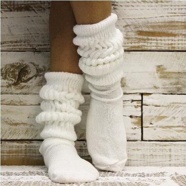 LARGER quality USA knitted 10-13 size adult  super thick WHITE cotton slouch socks Hooter's style scrunchy, fun cute hosiery, quality