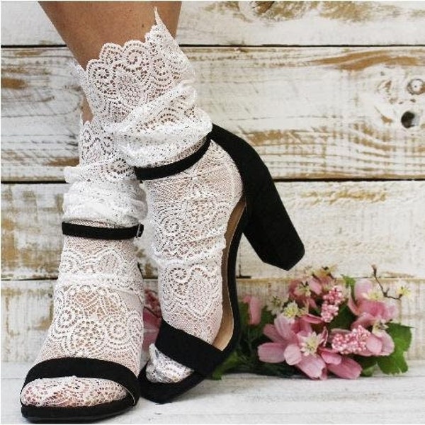 Allover WHITE lace sock for women, pretty lace ankle socks, womens lace fashion, bridal wedding lacy hosiery for heels