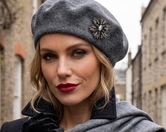 Charcoal GREY  Beret w Removable rhinestone Starburst Brooch, Winter  French Hat, dramatic jewel  Rhinestone Pin, Cozy Holiday Gift her