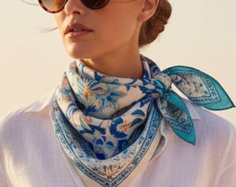 25" The Athena Blue Floral Square Scarf - Audrey Hepburn Vibe Head Scarf Bandana - Old Hollywood Glamour Hair Wrap - Luxury Gift for Her