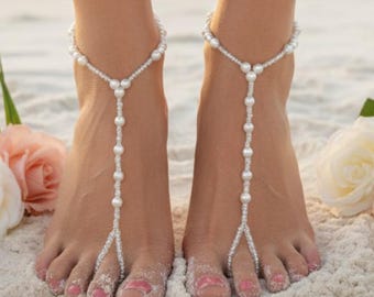 Pearl Barefoot Sandals - Beach Wedding Foot Jewelry for Bride - Handcrafted Beaded Flower Girl Soleless Sandals - Bridesmaid Gift Pair