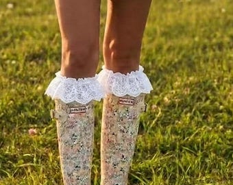 VICTORIA  the   Love and Lemons Rain Boot Socks Dupe, Lace Ruffle Boot sock , Coquette Pink Rainboot Lace Overlay, Frilly Cream knee  Socks