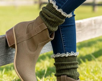 Olive Green Slouch Socks, Lace Trim Tweed Boot Socks, Made in USA Heavy Cotton Knitted Hosiery, Gorpcore Clog Crew Cuffs, Autumn Gift 1pr