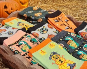 3 Pairs Halloween Socks and Earrings Set, Spooky Cute Pumpkin Witch Owl Ankle Socks Bundle, Festive Novelty Hosiery Gift Bag for Her