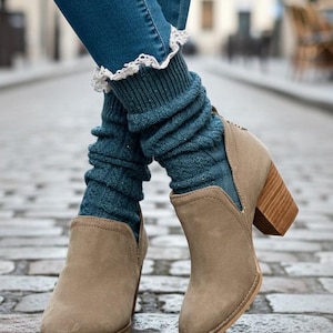 Slate Blue Tweed Lace Slouch Socks, Knit Cotton Bootie Socks for Women, Chunky Ankle Boot Cuffs, Cozy Cabin Coastal Grandmother Gift 1pr
