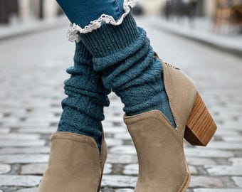 Slate Blue Tweed Lace Slouch Socks, Knit Cotton Bootie Socks for Women, Chunky Ankle Boot Cuffs, Cozy Cabin Coastal Grandmother Gift 1pr