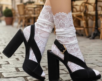 Allover Lace Socks, Sheer French Style Mesh Ankle Socks for Heels, Coquette Aesthetic Wedding Bridal Hosiery, Cute Trendy Gift for Her