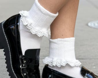 White Lace Bobby Socks, Cotton Ankle Socks with Victorian Ruffle Trim, Cute Fancy Crew Hosiery, Made in USA Gift for Her