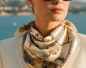 35" The Monaco Ivory Cream Scarf - Grace Kelly Vibe Silk Look Headscarf Bandana - Old Hollywood Glamour Hair Wrap - Luxury Travel Gift