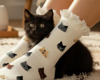 Cat Print Crew Socks, Lace Top Novelty Socks by Catherine Cole