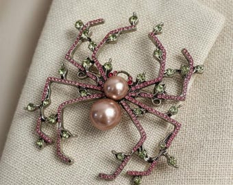 2.5" Pearl Crystal Spider Brooch Pin | Vintage Rhinestone Costume Jewelry | Gothic Gothcore Halloween Scarf Fastener & Lapel Accessory