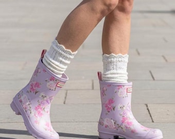 White Lace Trim Socks, Cable Knit Loafer Socks, Made in USA Cotton Boot Socks for Women, Slouchy Preppy Crew Cuffs, Gift for Her 1pr