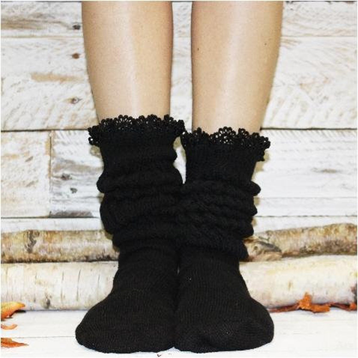 Super Thick Cotton BLACK Lace Slouch Socks for Women Etsy