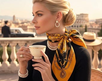 35" The Milano Baroque Chain Scarf - Audrey Hepburn Vibe Head Scarf Bandana - Old Hollywood Glamour Hair Wrap - Luxury Travel Gift for Her