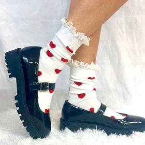 HEARTS DELIGHT lace top heart ankle sock - cream red, eye candy whimsical socks for women, Holiday gifts