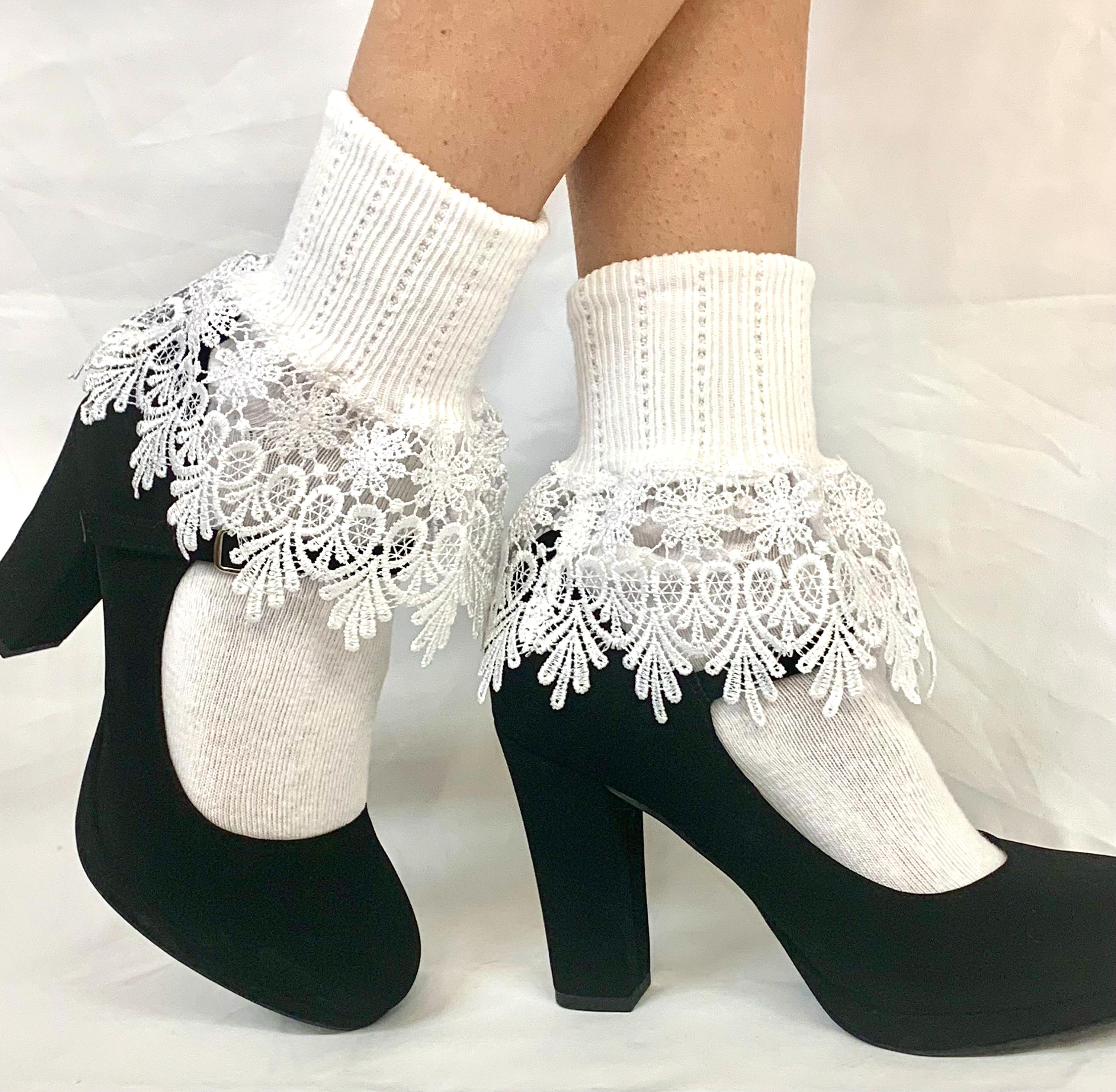 SIGNATURE  lace cuff socks  - white USA MADE, lace socks baby doll, girly,  women's hosiery, homemade fashion, quality, style, trendy, cute