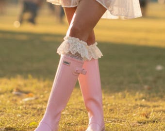 VICTORIA  the   Love and Lemons Rain Boot Socks Dupe, Lace Ruffle Boot sock , Coquette Pink Rainboot Lace Overlay, Frilly Cream knee  Socks