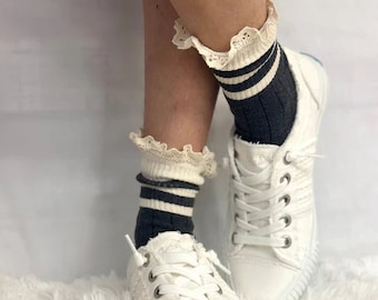 Varsity grey  striped crew socks women's, cool lace socks women, lace boot socks, best quality lace socks, lace trimmed socks ladies