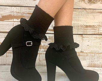 BOBBY socks black cute , lace cuff socks women, USA made, lacy hosiery, fashion socks ladies, quality clothing, trendy style for women