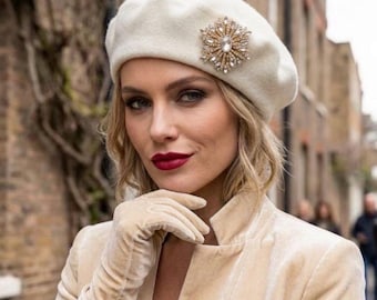 Cream Wool Beret with Removable Gold Starburst Brooch, Winter White French Hat, Clear Crystal Rhinestone Pin, Cozy Holiday Gift For Her
