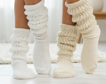 ULTIMATE 2 pairs slouch sock pack, White, Beige chunky cotton socks, thick scrunchy  1980s retro Hooters slouchy knit hosiery - 2 sizes