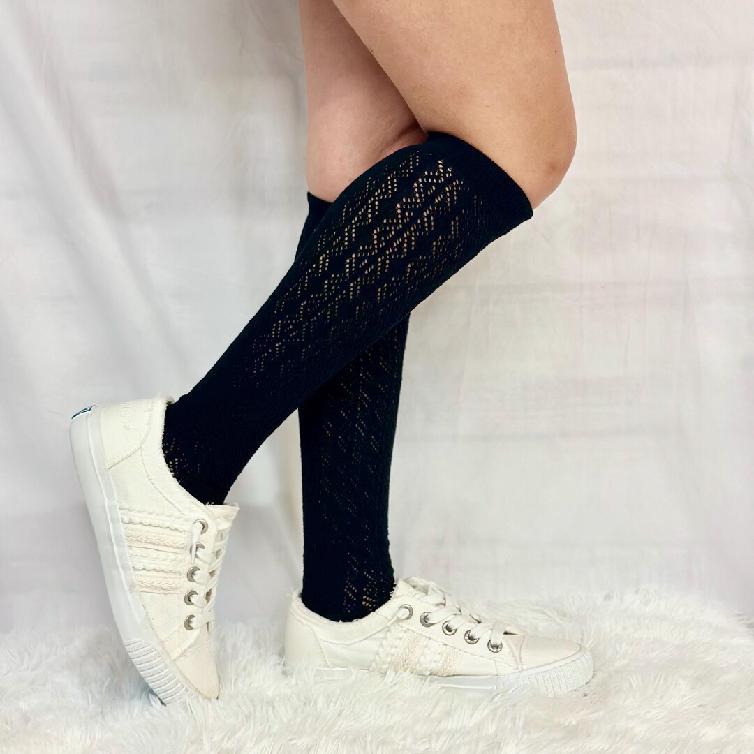 Net Style Socks Flirty Cute Tall Net Pointelle Lace Pattern Knee Socks BLACK, Western ...
