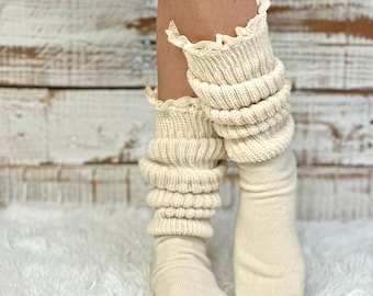 Beige Lace Slouch Socks - Thick Cotton Natural Lace Top Scrunch Socks, Coquette Cottagecore Aesthetic Retro Gym Crew Hosiery  Catherine Cole