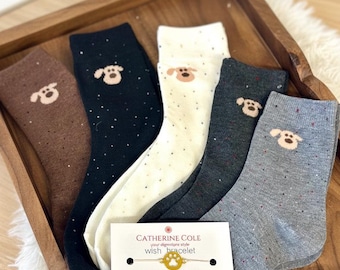 Dog Socks 5 Pack Bundle with Wish Bracelet, Novelty Puppy Print Crew Socks Gift Bag Set, Cute Dog Mom Animal Lover Present for Women 1pr