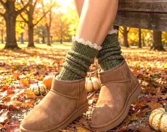 Olive Green Slouch Socks, Lace Trim Tweed Boot Socks, Made in USA Heavy Cotton Knitted Hosiery, Gorpcore Clog Crew Cuffs, Autumn Gift 1pr